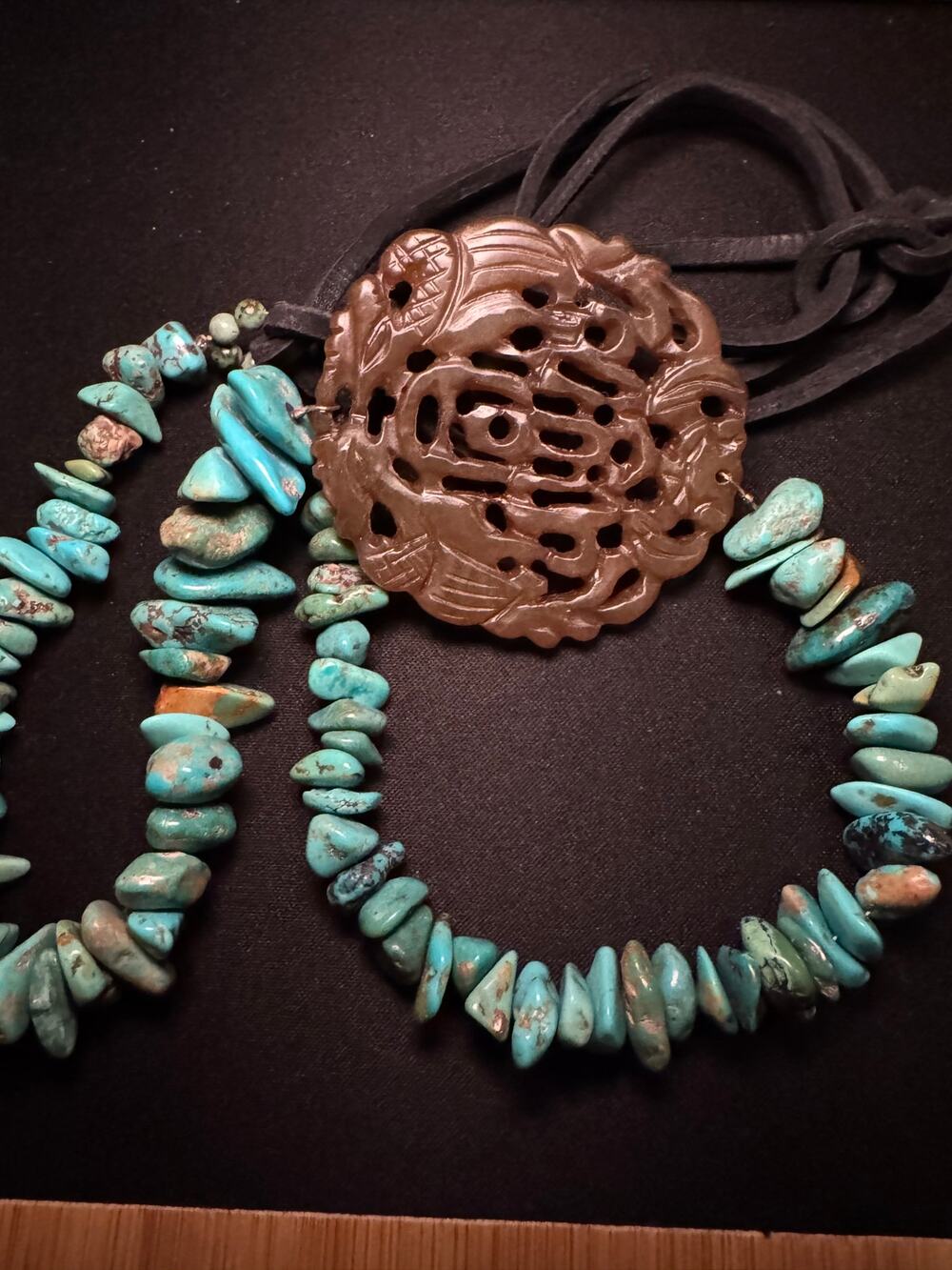 Vintage Carved Artizan Made Pendant Turquoise Stones Necklace